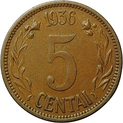 Монета 5 центов 1936 Литва