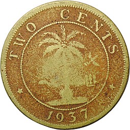 Монета 2 цента 1937 Либерия