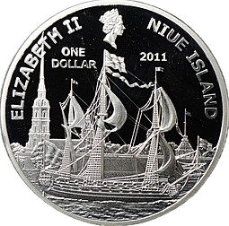 Монета 1 доллар 2011 Пётр I Парусник у Петропавловской крепости Остров Ниуэ