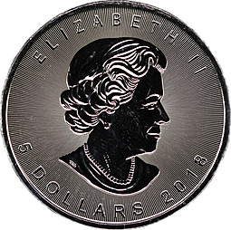 Монета 5 долларов 2018 Кленовый лист Канада