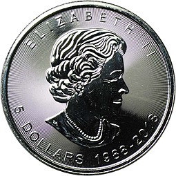 Монета 5 долларов 2018 Кленовый лист 30 лет Канада