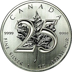 Монета 5 долларов 2013 Кленовый лист 25 лет Канада