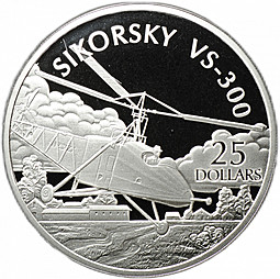 Монета 25 долларов 2003 Sikorsky VS-300 История Авиации Соломоновы острова