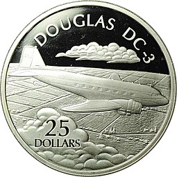 Монета 25 долларов 2003 Douglas DC-3 История Авиации Соломоновы острова