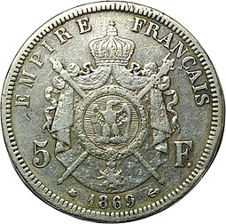 Монета 5 франков 1869 Франция