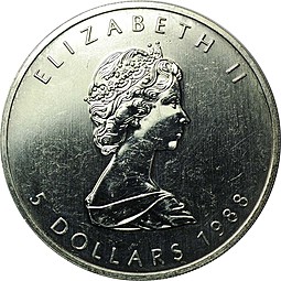 Монета 5 долларов 1988 Кленовый лист Канада