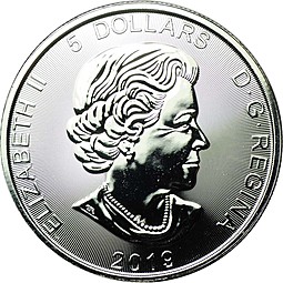 Монета 5 долларов 2019 Медведь Гризли Канада