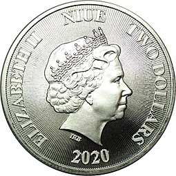 Монета 2 доллара 2020 Ревущий лев Ниуэ