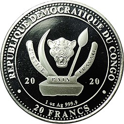 Монета 20 франков 2020 Кит Дикая природа Конго