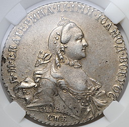 Монета 1 Рубль 1764 СПБ TI СА слаб ННР AU 55