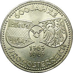 Монета 50 шиллингов 1963 600 лет Тиролю Австрия