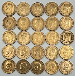 Инвестиционный лот золотые 10 рублей 1899 АГ, ФЗ, ЭБ Николая 2 - 25 монет золото