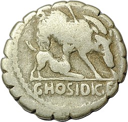 Монета Денарий 68 до н.э. Госидий Гета Римская Республика