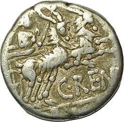 Монета Денарий 138 до н.э. Г. Ренний Римская Республика