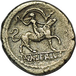 Монета Денарий 45 до н.э. Луций Валерий Ацискул Римская Республика