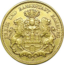 Монета 10 марок 1905 J Германия Гамбург