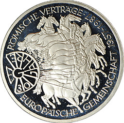 Монета 10 марок 1987 G 30 лет подписания Римского договора PROOF Германия ФРГ