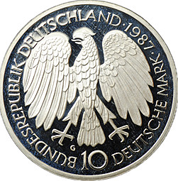 Монета 10 марок 1987 G 30 лет подписания Римского договора PROOF Германия ФРГ