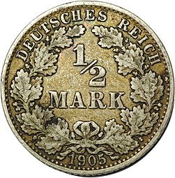 Монета 1/2 марки 1905 Германия
