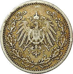 Монета 1/2 марки 1905 Германия