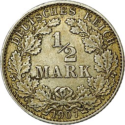 Монета 1/2 марки 1907 Германия