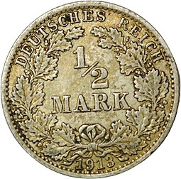 Монета 1/2 марки 1913 Германия