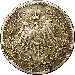 Монета 1/2 марки 1914 Германия