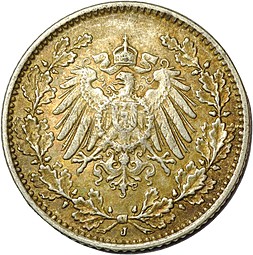 Монета 1/2 марки 1915 J Германия