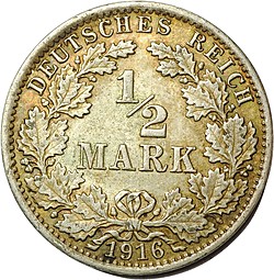 Монета 1/2 марки 1916 Германия