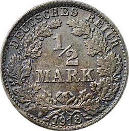 Монета 1/2 марки 1918 F Германия