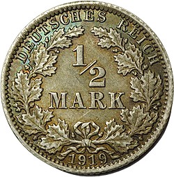 Монета 1/2 марки 1919 Германия