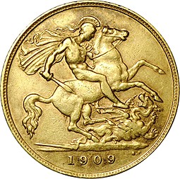 Монета 1/2 соверена (фунта) 1909 Великобритания