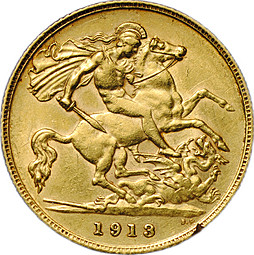 Монета 1/2 соверена (фунта) 1913 Великобритания
