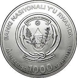 Монета 1000 франков 2008 Горные гориллы Руанда