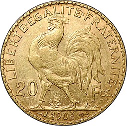 Монета 20 франков 1904 Франция