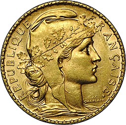 Монета 20 франков 1908 Франция