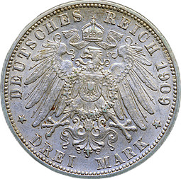 Монета 3 марки 1909 F Вюртемберг Германия