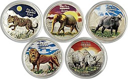 Комплект 240 франков 2008 Большая пятёрка Африки Слон, Лев, Буйвол, Леопард, Носорог 5 монет Конго