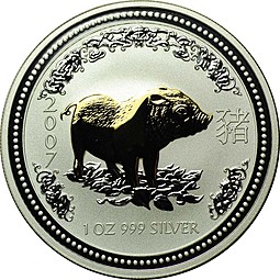 Монета 1 доллар 2007 Год свиньи Лунар 1 позолота Австралия