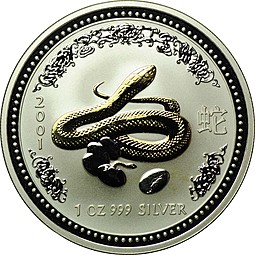 Монета 1 доллар 2001 Год змеи Лунар позолота Австралия
