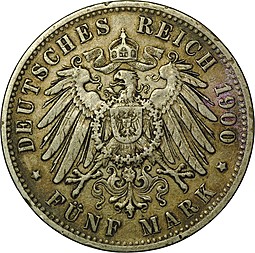 Монета 5 марок 1900 G Баден Германия