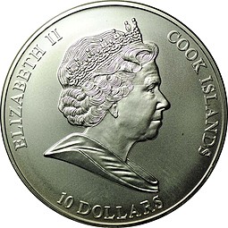 Монета 10 долларов 2008 Меркурий Бог торговли Острова Кука