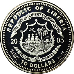 Монета 10 долларов 2005 Какаду Индонезия Вымирающие виды животных Либерия