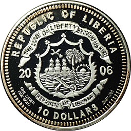 Монета 10 долларов 2005 Лемур Мадагаскар Вымирающие виды животных Либерия