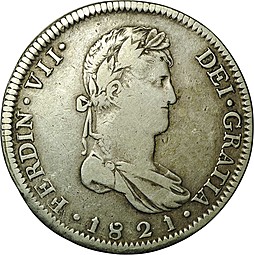 Монета 8 реалов 1821 GA Испанская колония Мексика