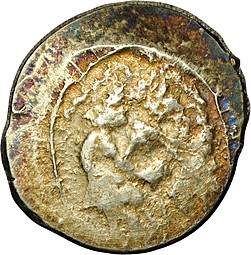 Монета Денга 1412 - 1422 Семен Владимирович Двое с копьем Серпуховское княжество