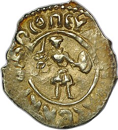 Монета Денга 1450 - 1461 Борис Александрович Легенда / Воин с саблей и щитом Тверское княжество