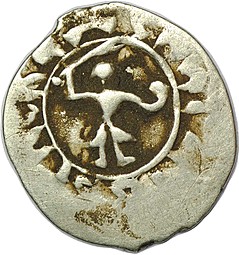Монета Денга 1461 - 1470 Михаил Борисович Воин с мечом и шаром Тверское княжество
