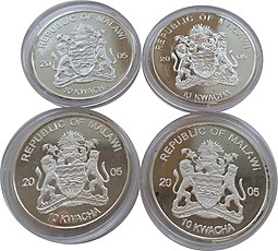 Набор 4 монеты 10 квач 2005 Вымирающие виды Малави