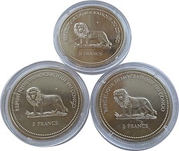 Набор 5 франков 2005 Сохранение животного мира Бельгийское Конго 3 монеты